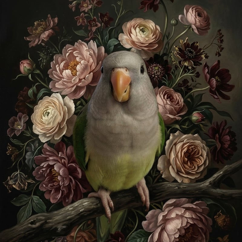 インコ（オキナインコ）の花に囲まれた油絵風アート A3額装インテリア