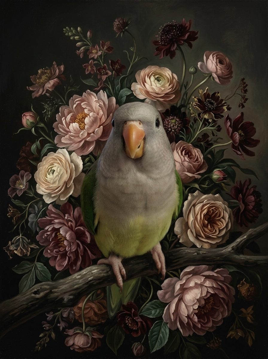 インコ（オキナインコ）の花に囲まれた油絵風アート A3額装インテリア