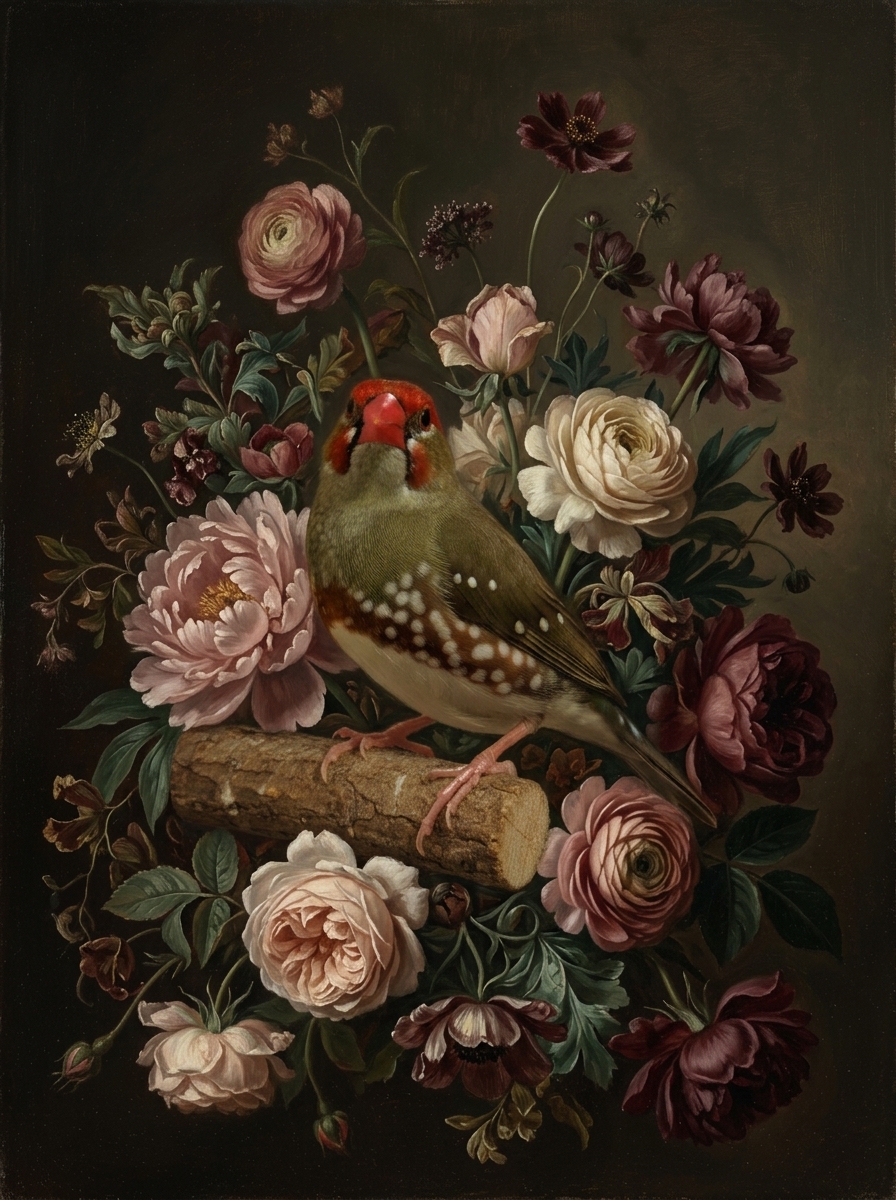 アサヒスズメの花に囲まれた油絵風アート A3額装インテリア壁掛け