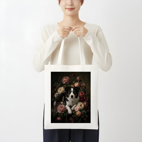 犬（ボーダーコリー）トートバッグ 花の油絵風アート キャンバス地