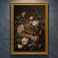 アサヒスズメの花に囲まれた油絵風アート A4金縁額装インテリア壁掛け