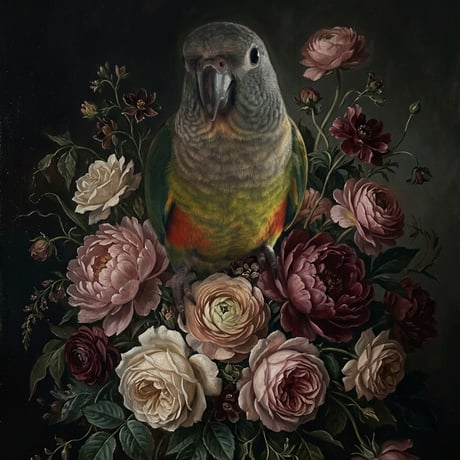 インコ（アカハラインコ）の花に囲まれた油絵風アート A4金縁額装インテリア壁掛け