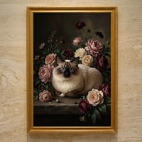 猫（バーマン）の花に囲まれた油絵風アート A3額装インテリア壁掛け