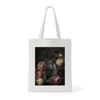 猫（ロシアンブルー）トートバッグ 花の油絵風アート キャンバス地