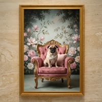 犬（パグ）のロココ調シャビーピンクアート A3額装インテリア壁掛け