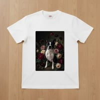 犬（ボストンテリア）半袖Tシャツ 花の油絵風アート ホワイト 男女兼用