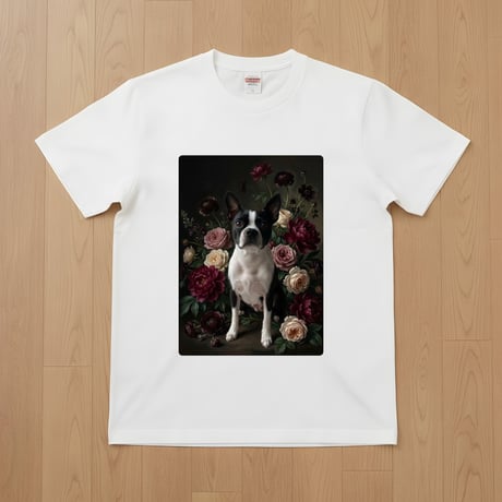 犬（ボストンテリア）半袖Tシャツ 花の油絵風アート ホワイト 男女兼用