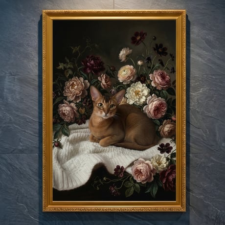 猫（アビシニアン）の花に囲まれた油絵風アート A4金縁額装インテリア壁掛け