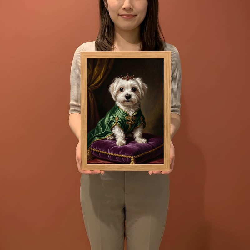 犬（マルチーズ）のルネサンス風肖像画 油絵風アートA4額装インテリア