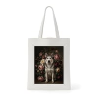 犬（シベリアンハスキー）トートバッグ 花の油絵風アート キャンバス地