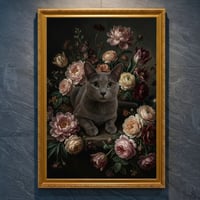 猫（ロシアンブルー）の花に囲まれた油絵風アート A4金縁額装インテリア壁掛け