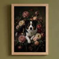 犬（ボーダーコリー）の花に囲まれた油絵風アート A4額装インテリア壁掛け
