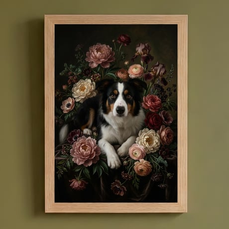 犬（ボーダーコリー）の花に囲まれた油絵風アート A4額装インテリア壁掛け