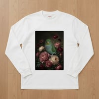 インコ（サザナミインコ）長袖Tシャツ 花の油絵風アート ホワイト 男女兼用