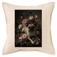 犬（パグ）クッション 45cm 花の油絵風カラーアート