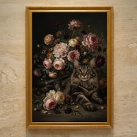 猫（メインクーン）の花に囲まれた油絵風アート A3額装インテリア壁掛け