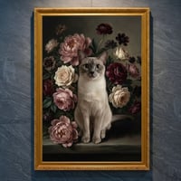 猫（バーミーズ）の花に囲まれた油絵風アート A4金縁額装インテリア壁掛け