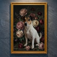 犬（ジャックラッセルテリア）の花の油絵風アート A4金縁額装インテリア壁掛け
