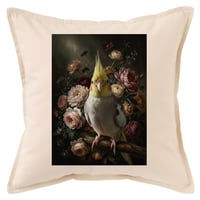 インコ（オカメインコ）クッション 45cm 花の油絵風カラーアート