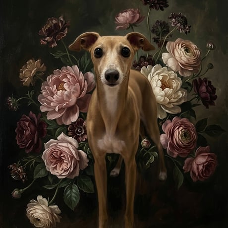 犬（イタリアングレーハウンド）の花の油絵風アート A3額装インテリア壁掛け