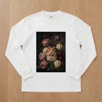 ファンシーハムスター長袖Tシャツ 花の油絵風アート ホワイト 男女兼用