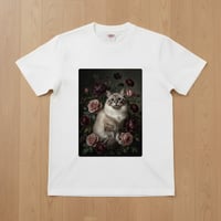 猫（ラグドール）半袖Tシャツ 花の油絵風アート ホワイト 男女兼用