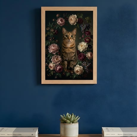 猫の花に囲まれた油絵風アート A4額装インテリア壁掛け