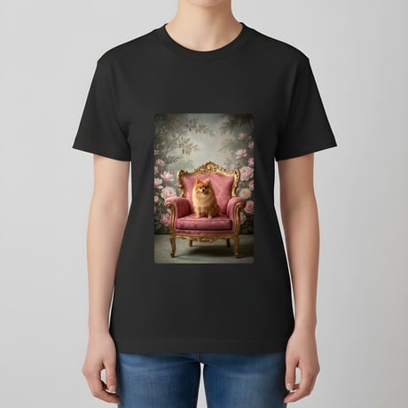 犬（ポメラニアン）半袖Tシャツ ロココ調シャビーピンク ブラック 男女兼用