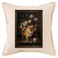 犬（ポメラニアン）クッション 45cm 花の油絵風カラーアート