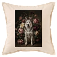 犬（シベリアンハスキー）クッション 45cm 花の油絵風カラーアート