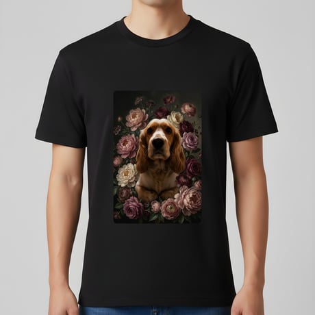 犬（コッカースパニエル）半袖Tシャツ 花の油絵風アート ブラック 男女兼用