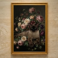 猫（バーミーズ）の花に囲まれた油絵風アート A3額装インテリア壁掛け