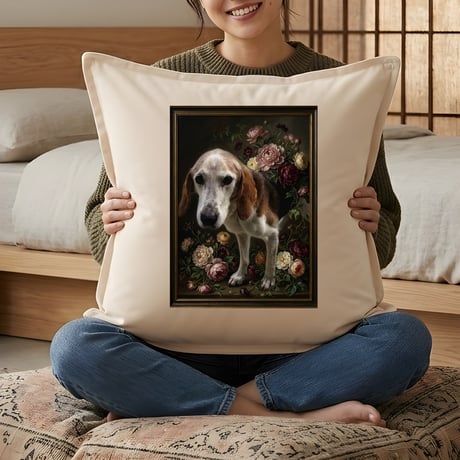 犬（ビーグル）クッション 45cm 花の油絵風カラーアート