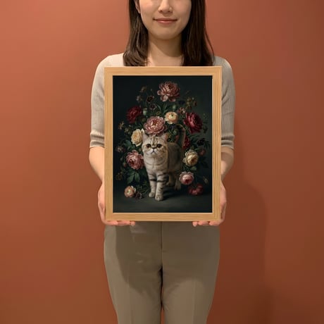猫（エキゾチックショートヘア）の花の油絵風アート A4額装インテリア壁掛け