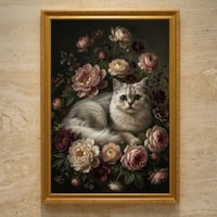 猫（チンチラペルシャ）の花に囲まれた油絵風アート A3額装インテリア壁掛け