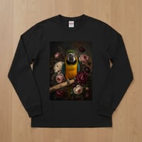 インコ（ルリコンゴウインコ）長袖Tシャツ 花の油絵風アート ブラック 男女兼用