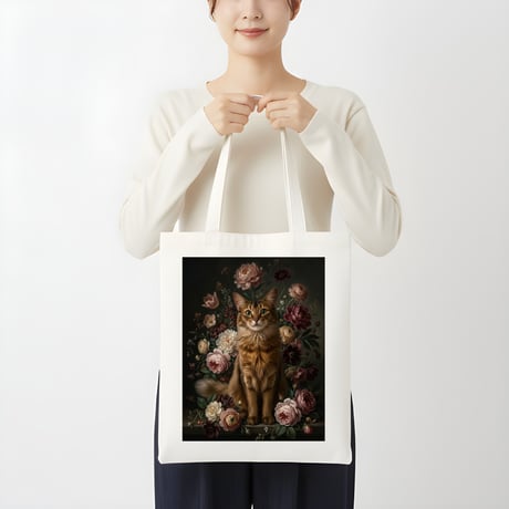 猫（ソマリ）トートバッグ 花の油絵風アート キャンバス地