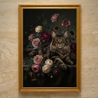 猫（メインクーン）の花に囲まれた油絵風アート A3額装インテリア壁掛け