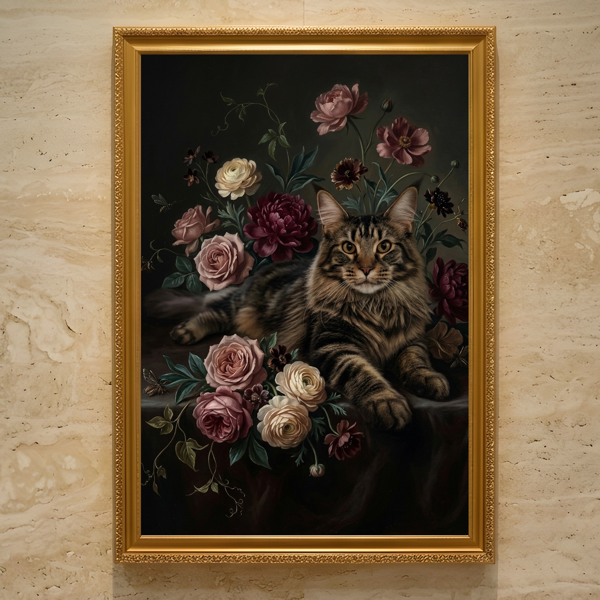 猫（メインクーン）の花に囲まれた油絵風アート A3額装インテリア