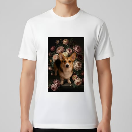 犬（コーギー）半袖Tシャツ 花の油絵風アート ホワイト 男女兼用