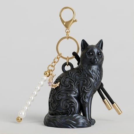 猫（ターキッシュアンゴラ）のキーホルダー ミニチュア シルクブラック
