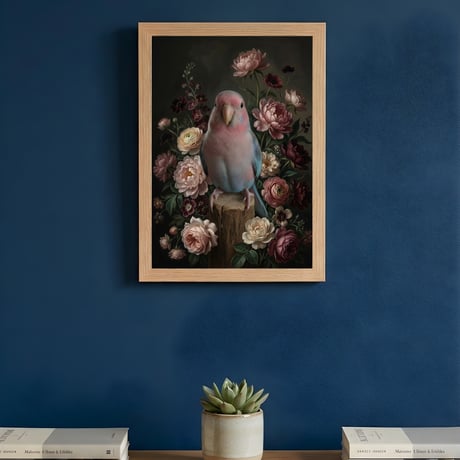 インコ（アキクサインコ）の花に囲まれた油絵風アート A4額装インテリア壁掛け