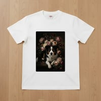 犬（ボーダーコリー）半袖Tシャツ 花の油絵風アート ホワイト 男女兼用