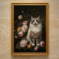 猫（ラグドール）の花に囲まれた油絵風アート A3額装インテリア壁掛け