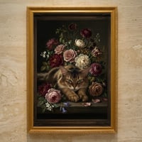 猫（アビシニアン）の花に囲まれた油絵風アート A3額装インテリア壁掛け