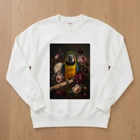 インコ（ルリコンゴウインコ）トレーナー 花の油絵風アート ホワイト 男女兼用