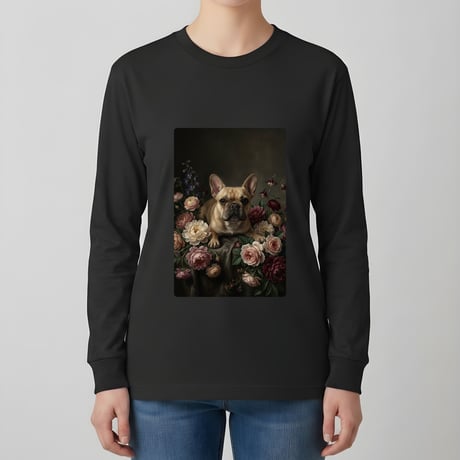 犬（フレンチブルドッグ）長袖Tシャツ 花の油絵風アート ブラック 男女兼用