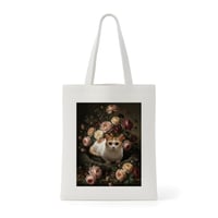 猫（マンチカン）トートバッグ 花の油絵風アート キャンバス地