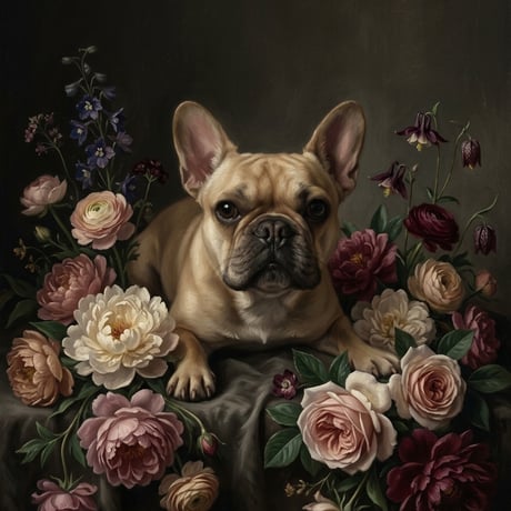 犬（フレンチブルドッグ）の花に囲まれた油絵風アート A3額装インテリア壁掛け