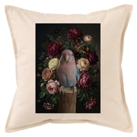 インコ（アキクサインコ）クッション 45cm 花の油絵風カラーアート